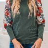 Blackish Green Contrast Floral Sleeve Striped Crew Neck Top