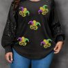 Black Mardi Gras Mask Plus Size Sequin Sleeve Top