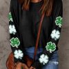 Black Sequined St Patrick Clover Patched Long Sleeve Top