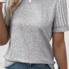 Gray Ribbed Splicing Sleeve Round Neck T-shirt