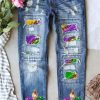 Sky Blue Shiny Mardi Gras Fleur-de-lis Patch Distressed Jeans