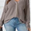 Simply Taupe Waffle Knit Drop Shoulder Button V Neck Plus Size Top