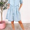 Casual High Waist Buttoned Denim Dress - Short Sleeve Mini Dress