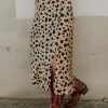 Khaki Leopard Spots Printed Split Hem Midi Skirt