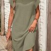 Jungle Green Waffle Texture Curved Hem Side Slit T-shirt Dress