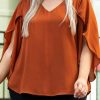 Gold Flame Plus Size Solid Wrapped Ruffled Sleeve V Neck Blouse