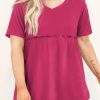 Rose Red Solid Short Sleeve Flowy Plus Size Top