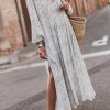 Multicolor Printed Tie V Neck Loose Long Sleeve Split Dress