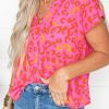 Pink Leopard V Neck Short Sleeve Blouse