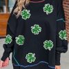 Black Sequin Clover Exposed Seam Split Lantern Sleeve Sweatshirt