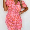 Pink Floral V Neck Short Ruffle Tiered Dress