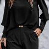 Black Plain Button Back Cuffed Puff Sleeve Blouse