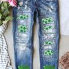 Sky Blue St. Patricks Clover Patchwork Sequin Distressed Jeans