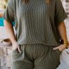 Versatile Plus Size Rib Knit Short Sleeve Top And Shorts Set For Women