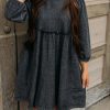 Casual Round Neck Long Sleeve Dress: Black High Waist Denim