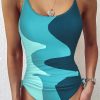 Green Printed Color Block Drawstring Sides One Piece Swimsuit