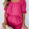 Bright Pink Crinkled Textured Square Neck Puff Sleeve And Shorts Set