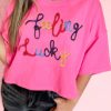 Bonbon Feeling Lucky Embroidered Letter Graphic Half Sleeve Top