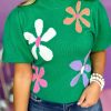 Bright Green Floral Bubble Short Sleeve Sweater