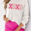 White XOXO Glitter Print Round Neck Casual Sweater