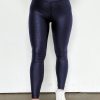 Navy Blue Crossed Dip Waist Sleek Leather Leggings