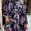 Black Floral Smocked Round Neck Ruffle Tiered Dress