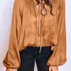 Camel Satin Pleated Tied V Neck Puff Sleeve Blouse