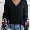 Black Floral Patched Flounce Sleeve Split Neck Blouse