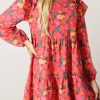 Rose Red Ruffle Shoulder Long Sleeve Floral Mini Dress