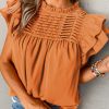 Grapefruit Orange Smocked Ruffle Sleeve Blouse