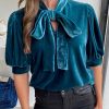 Peacock Blue Velvet Bow Tie Neck Short Sleeve Top