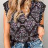 Black Vintage Floral Ruffle Sleeve V Neck Blouse