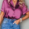 Elegant Collared Shirt: Rose Red Satin Top For Office Or Date Night