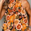 Orange Floral Print Knotted Halter Neck Sleeveless Top