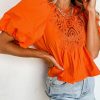 Orange Hollowed Lace Splicing Puff Sleeve Blouse