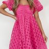 Strawberry Pink Checkered Puff Sleeve Babydoll Dress