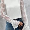 White Contrast Lace Sleeve Mock Neck Textured Blouse