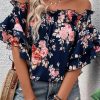 Elegant Summer Shift Top - Off Shoulder Flounce Sleeve Floral Blouse