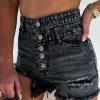 Black High Waist Multi Buttons Raw Edge Denim Shorts