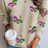 Khaki Sequin Mardi Gras Graphic Pullover Sweatshirt