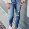 Fashionable Ankle Length Frayed Edge Denim Jeans For Women