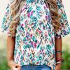 Light Blue Abstract Print Puff Sleeve Mock Neck Blouse