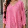 Strawberry Pink Striped Print Bracelet Sleeve V Neck Top