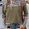 Jungle Green Leopard Print Waffle Knit Patchwork Top