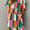 Green Abstract Print Puff Sleeve Short Dress