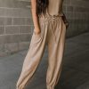 Light French Beige Cap Sleeve Open Back Drawstring Jogger Jumpsuit