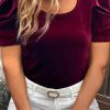 Burgundy Velvet Bubble Sleeve U Neck Plus Size Top