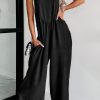 Black Textured Buttoned Straps Ruched Wide Leg Jumpsuit