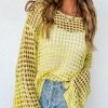 Yellow Open Knit Crochet Bell Sleeve Tunic Sweater