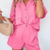 Bright Pink Textured Chest Pocket Half Sleeve Shirt Shorts Outfit